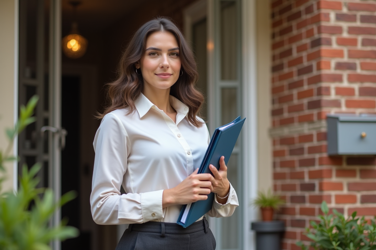 Jeune femme devant une maison de location tenant un dossier fiscal