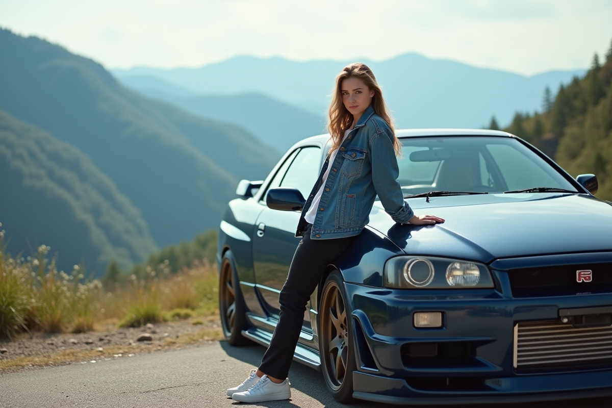 Femme souriante en denim près d