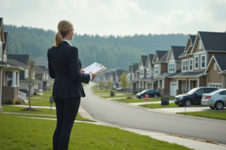 Femme d'affaires observant un quartier en expansion urbaine