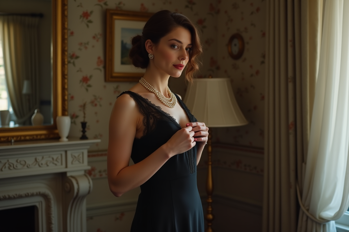 Femme élégante en robe noire vintage dans un salon parisien