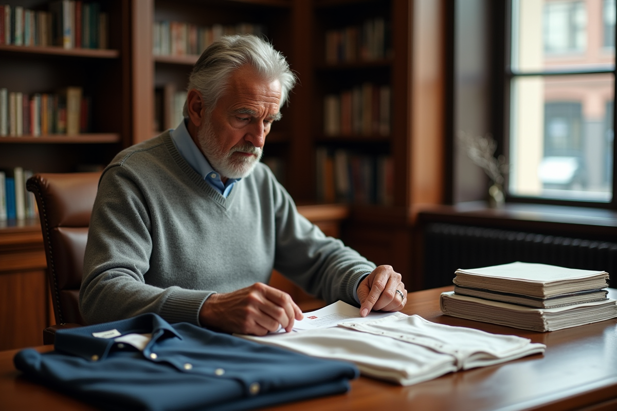 Homme comparant prix de pulls en cachemire et soie dans son bureau