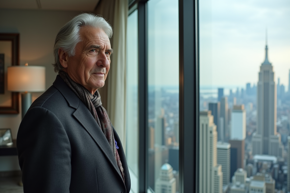 Homme sophistiqué regardant la ville depuis un appartement