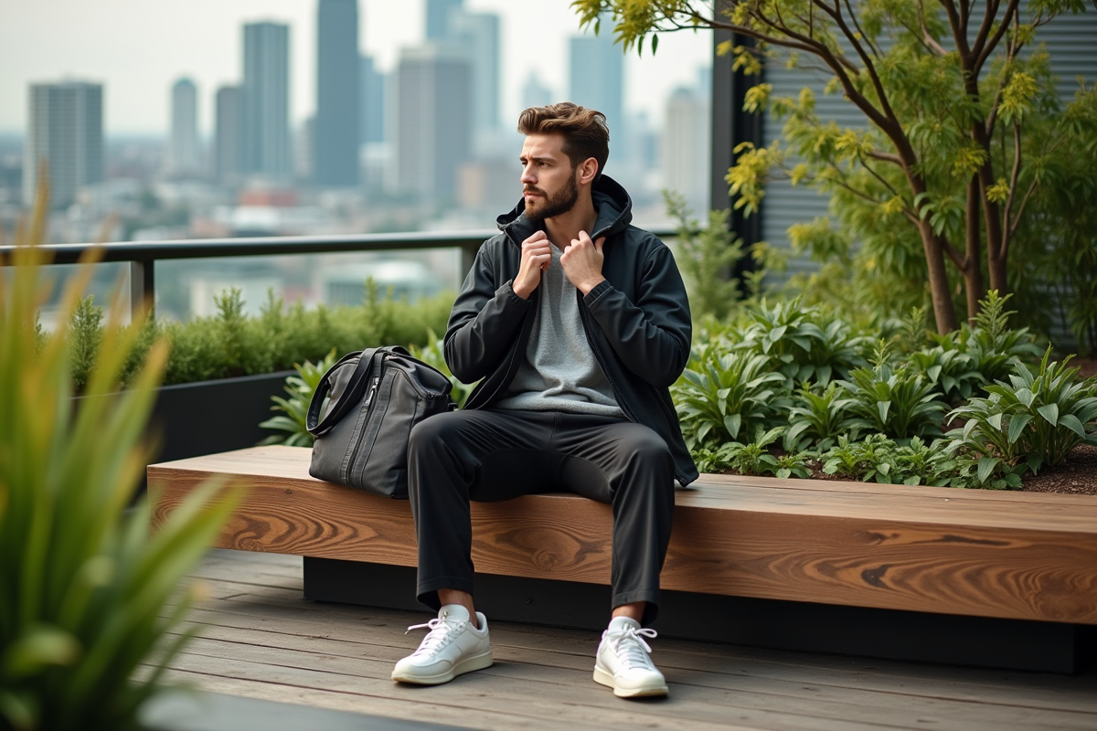 Jeune homme en streetwear écologique dans un jardin urbain sur le toit