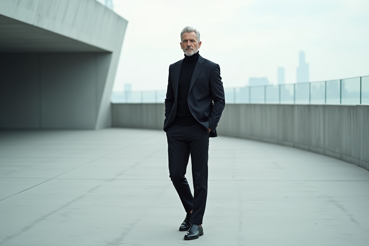 Homme en turtleneck noir sur un toit urbain en béton