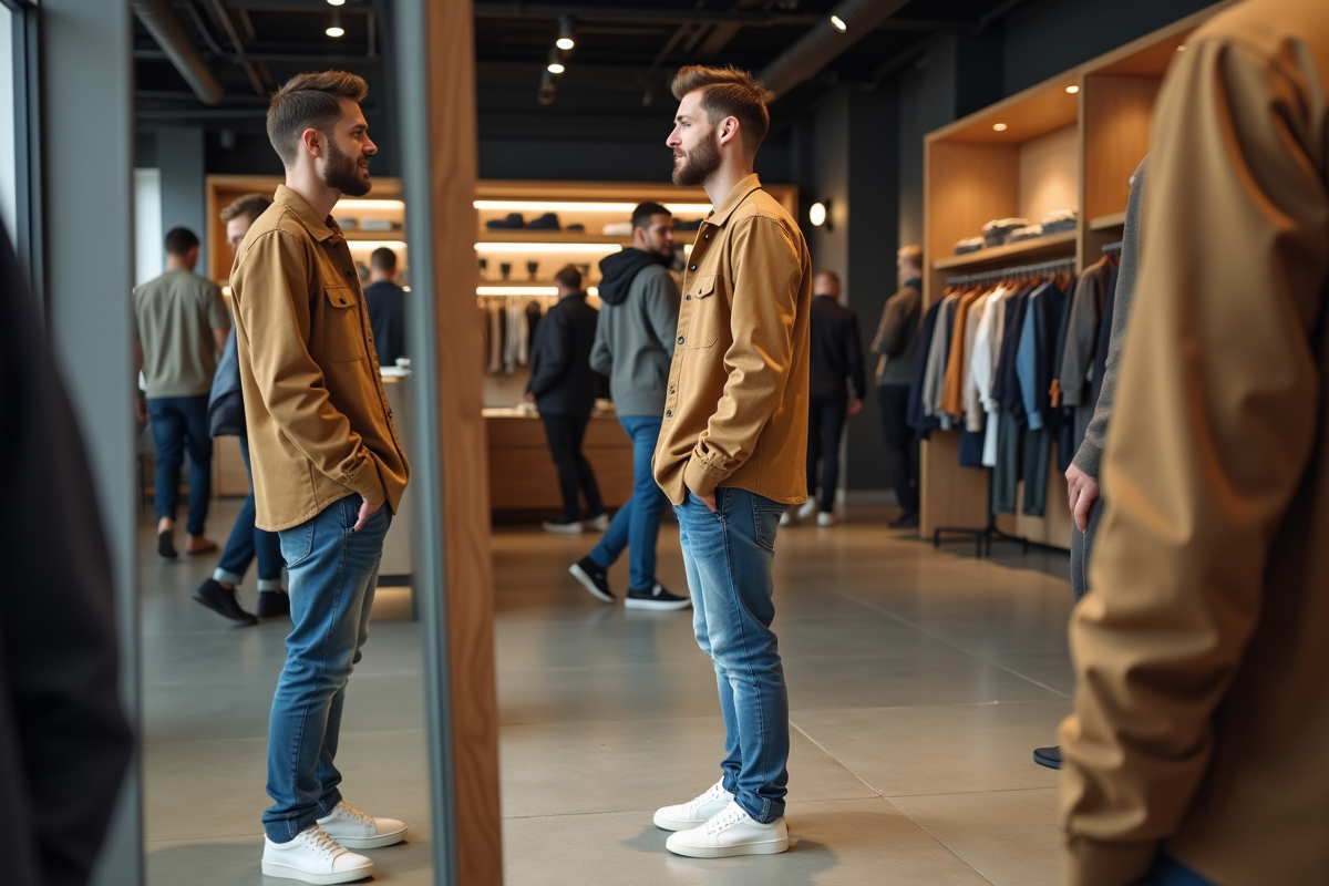 Jeune homme vérifiant son reflet dans une boutique moderne