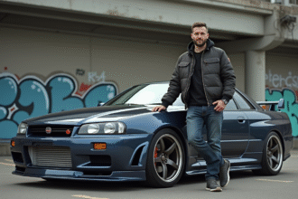 Homme en streetwear vintage près d'une Nissan R34 Skyline