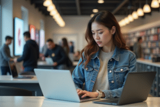 Jeune femme compare deux laptops en magasin