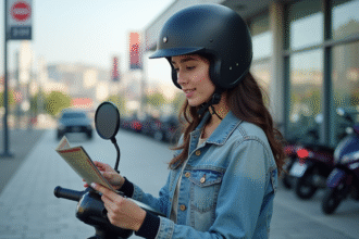 Jeune femme examine une brochure de moto 50cc en ville