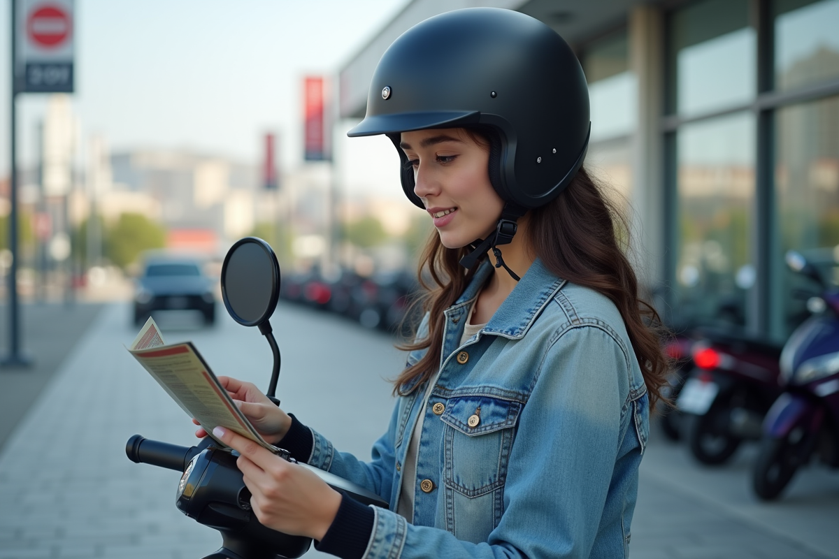 Jeune femme examine une brochure de moto 50cc en ville