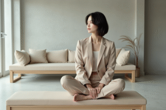 Jeune femme en pantalon beige assise sur un banc intérieur