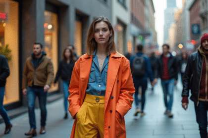 Jeune femme confiante en ville avec veste colorée
