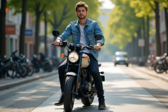 Jeune homme en denim sur moto 125cc en ville