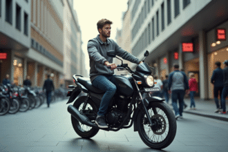 Jeune homme en moto dans une ville animée