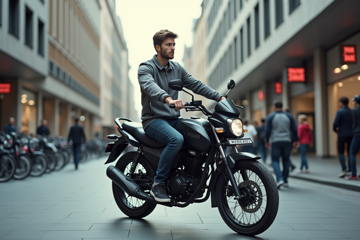 Jeune homme en moto dans une ville animée