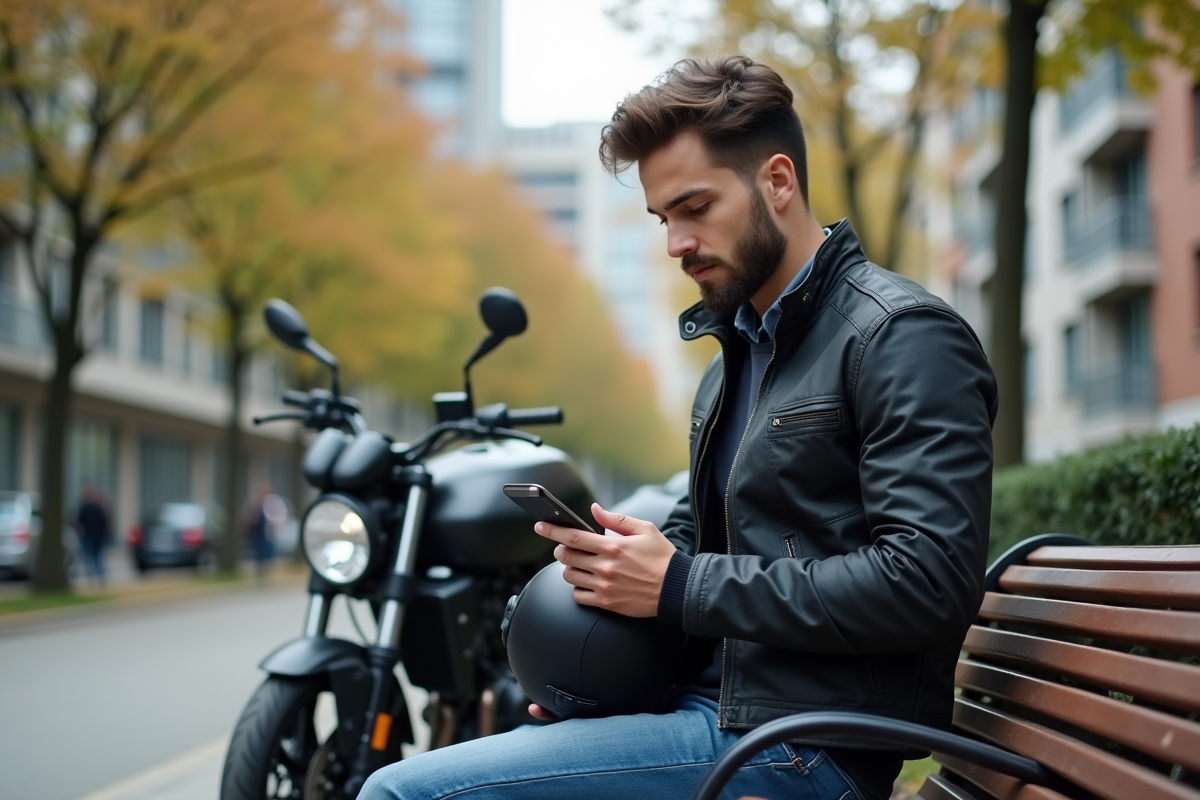 Jeune homme en moto et smartphone dans un parc urbain