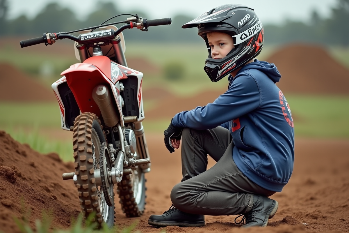 Jeune garçon en équipement motocross inspectant son pneu arrière