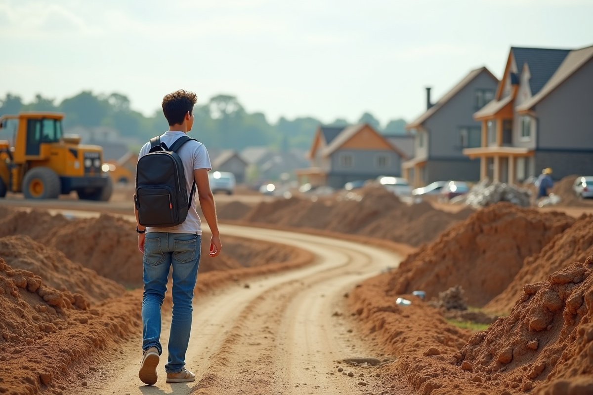Jeune homme contemplant un chantier de construction