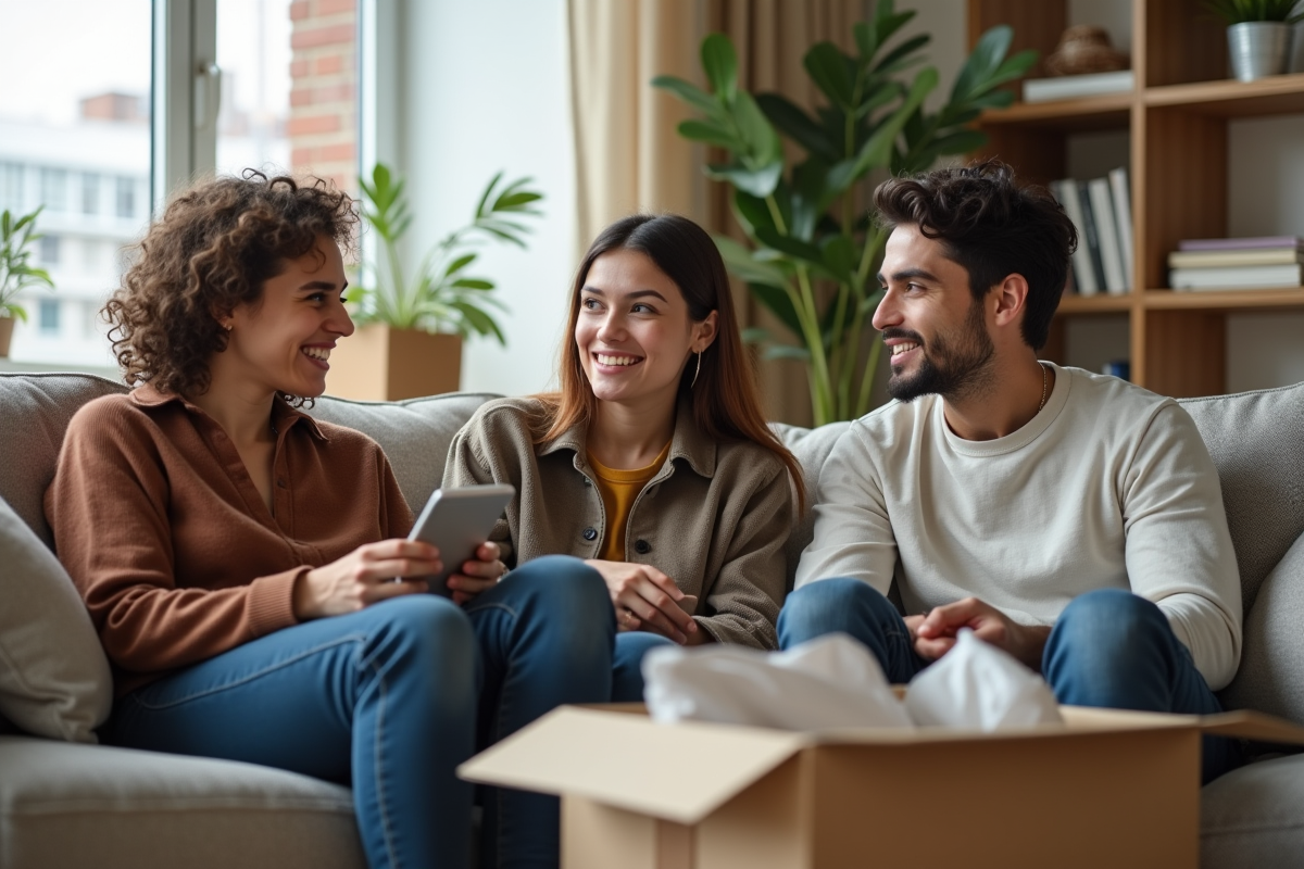 Trois jeunes discutent dans un salon avec cartons de déménagement