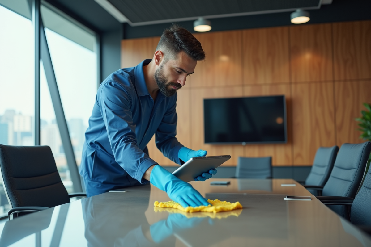 Homme nettoyeur en uniforme nettoyant une table de réunion