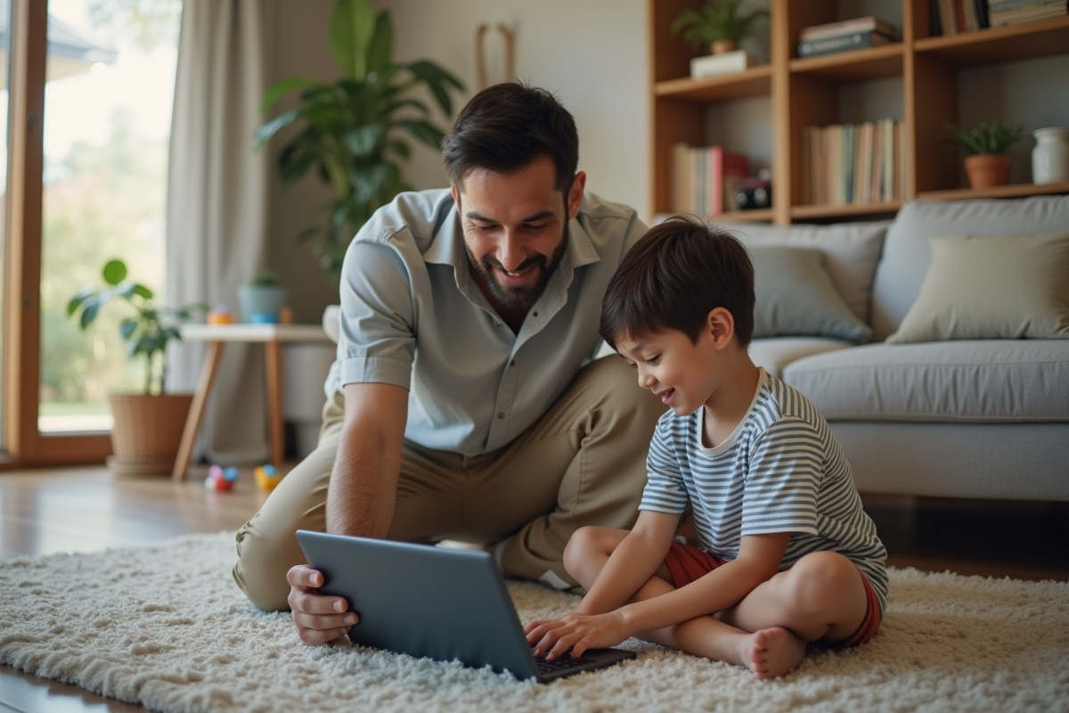 Père et son fils jouent avec un appareil numérique dans le salon