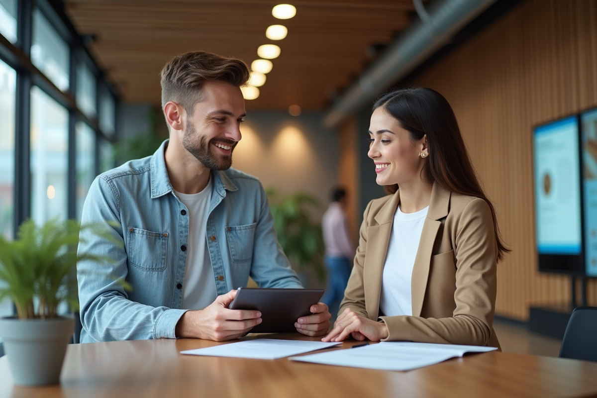 Employé jeune et spécialiste RH discutant à la réception