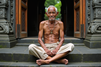 Homme balinais âgé en sarong traditionnel devant le palais d'Ubud