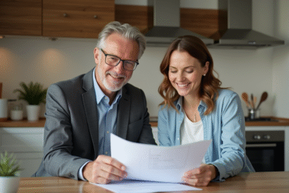 Couple d'adultes examinant des documents de prêt immobilier