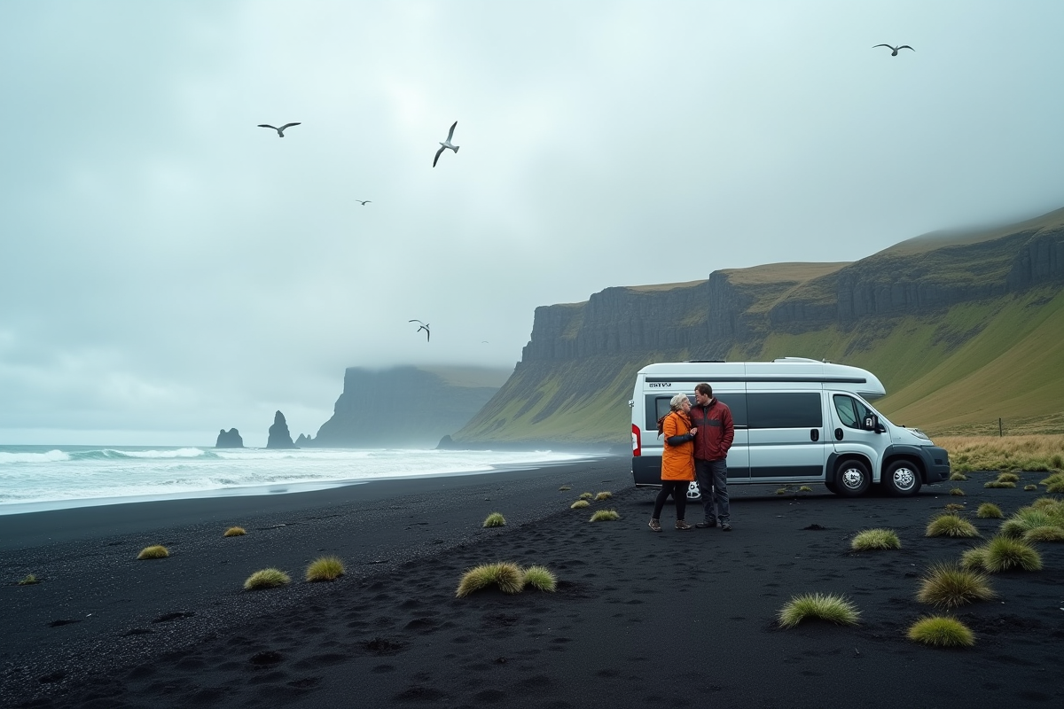 Couple en randonnée sur plage de sable noir en Islande