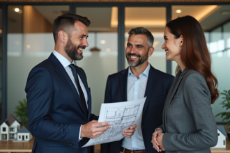 Agent immobilier avec plans en discussion avec un couple