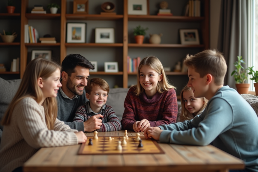 Famille de cinq jouant à un jeu de société dans un salon chaleureux