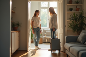 Femme accueillante à la porte d'un appartement moderne