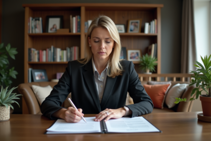 Femme d'affaires en train de lire des documents immobiliers