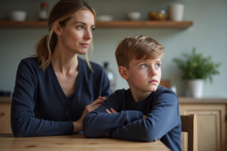 Femme en cardigan et jeans dans une cuisine chaleureuse