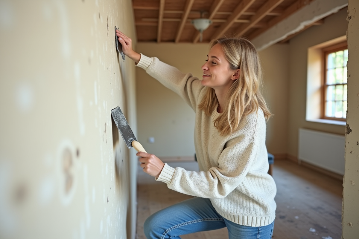 Femme appliquant un enduit isolant dans une maison