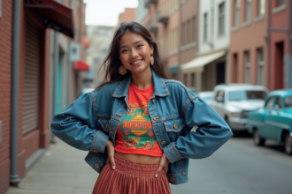 Femme en tenue 80s dans une rue urbaine colorée