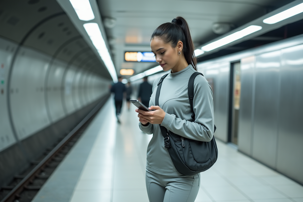 Femme en techwear gris vérifie son téléphone dans le métro