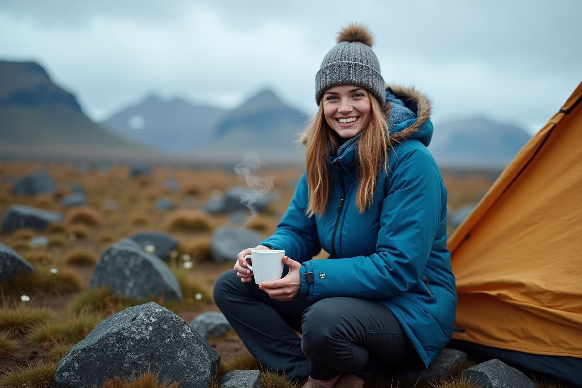 Jeune femme souriante avec mug de café en plein air en Islande