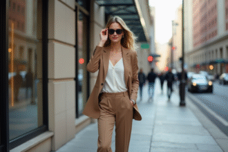 Femme confiante en ville ajustant ses lunettes