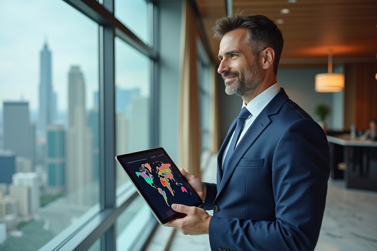 Homme d'affaires confiant en costume navy avec tablette