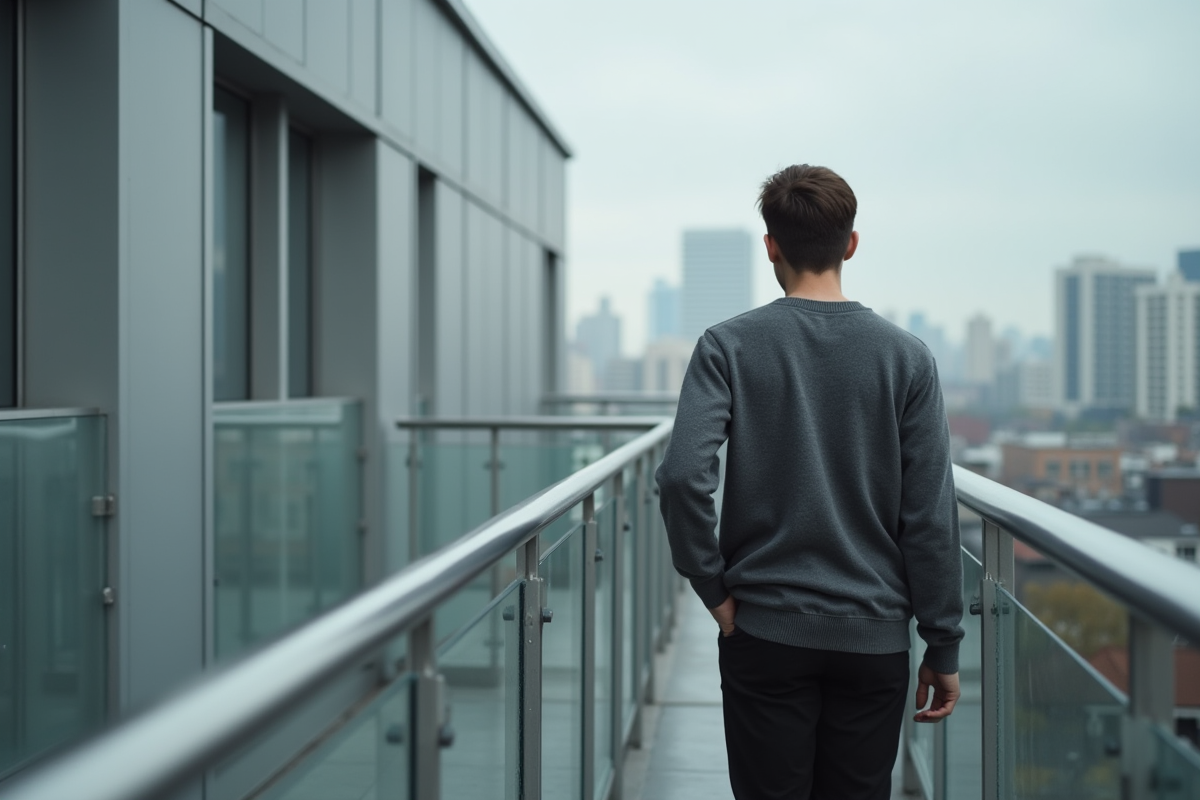 Jeune homme regardant la ville depuis un balcon
