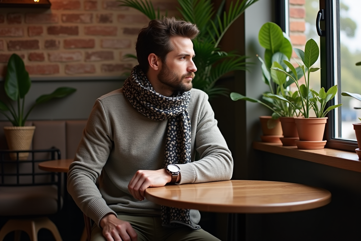 Homme élégant dans un café contemplant par la fenêtre