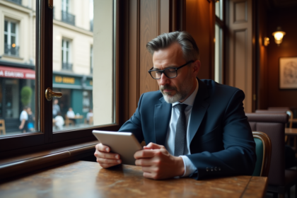 Homme d'âge moyen en costume bleu regardant des annonces immobilières