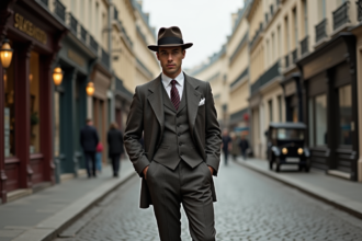 Homme élégant en costume 1920s dans une rue parisienne