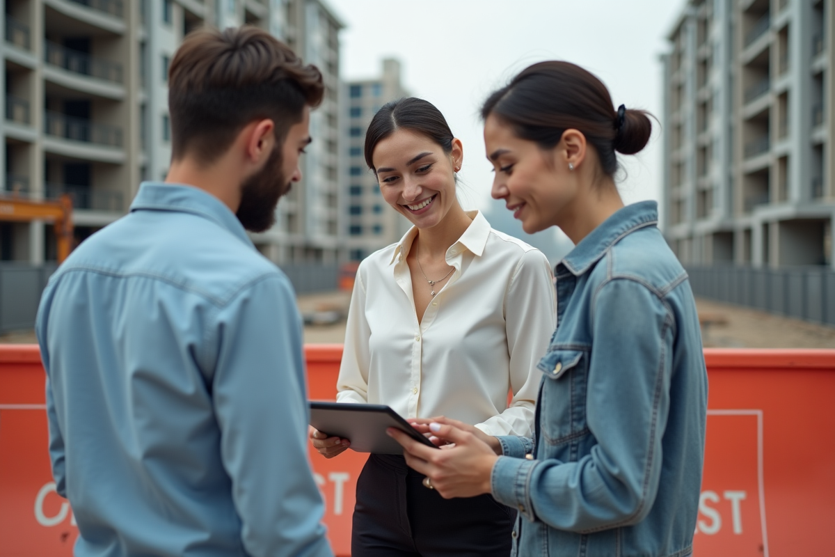 Jeune femme agent immobilier montrant plans à un couple