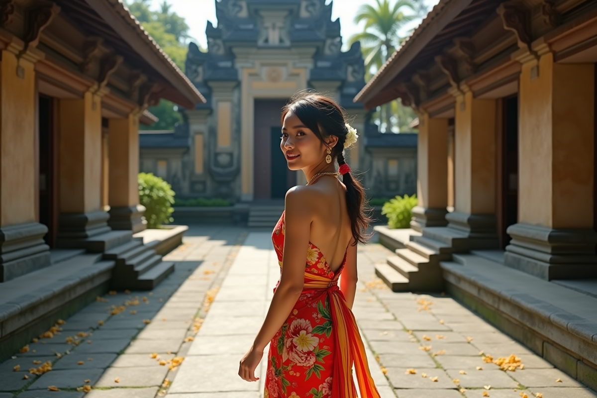 Jeune femme balinaise en kebaya dans la cour d