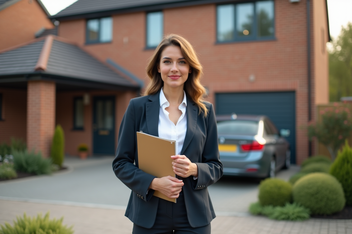 Jeune femme souriante devant une maison de banlieue