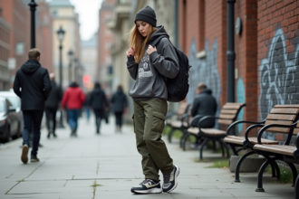 Jeune femme en style urbain ajustant son sac à dos