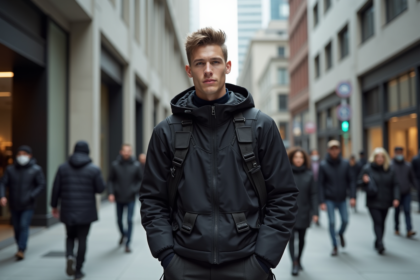 Jeune homme en techwear noir marche dans la ville moderne