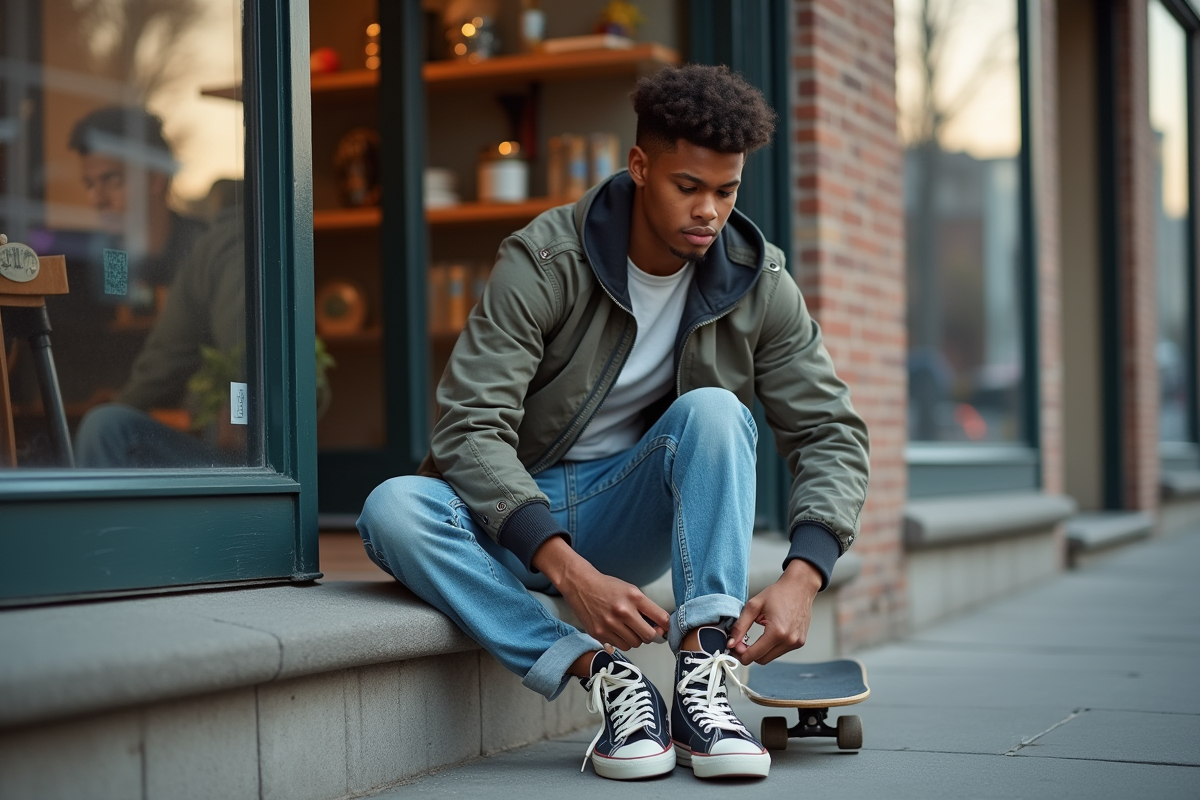 Jeune homme attachant ses lacets devant un skate shop