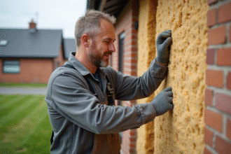 Ouvrier en travaux isolant un mur extérieur de maison